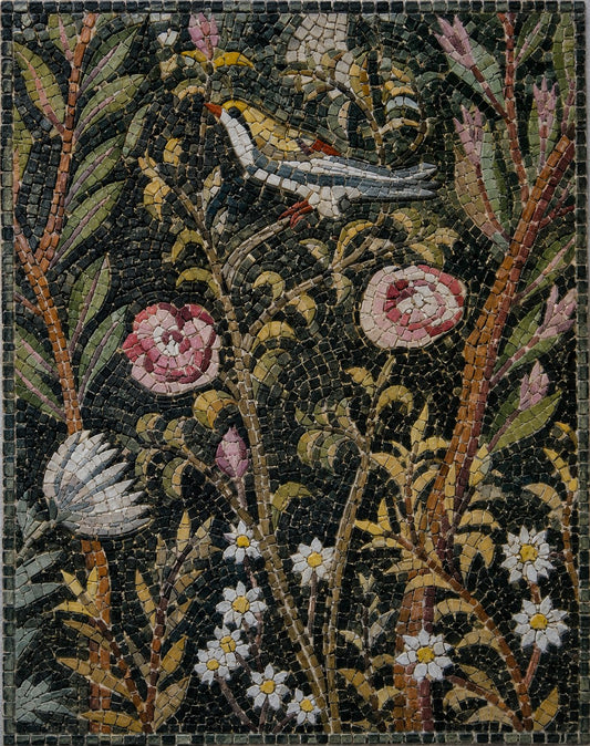 Mosaico Giardino di Pompei in tessere di marmo con uccellino, rose e fiori