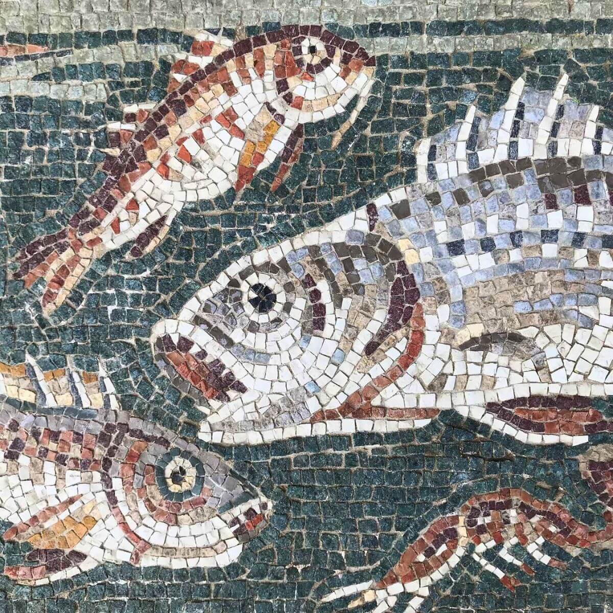 Dettaglio di un mosaico romano effettuato con tessere molto piccole. Questo micromosaico rappresenta una scena nilotica, ossia dei pesci nel mare.