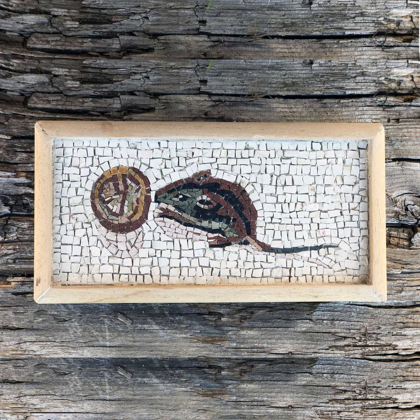 Mosaico realizzacon com marmo colorato e banco raffigurante un topolino romano