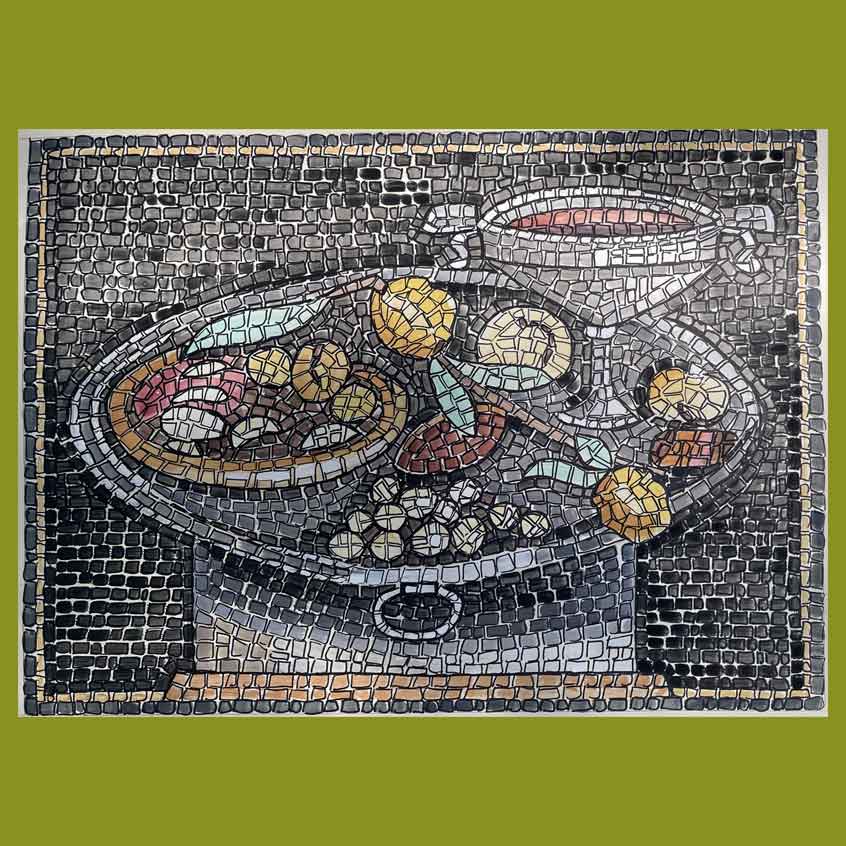Riproduzione a disegno con andamenti del mosaico Xenia ritrovato a Pompei e antenato della pizza