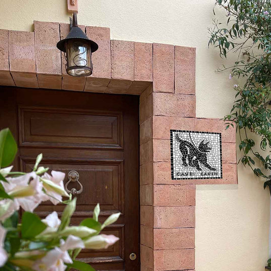 Mosaico Cave Canem realizzato e attaccato ad una parete esterna accanto ad un portone di legno