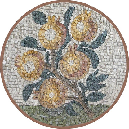 mosaico rotondo colorato in  marmo rosone con melograno